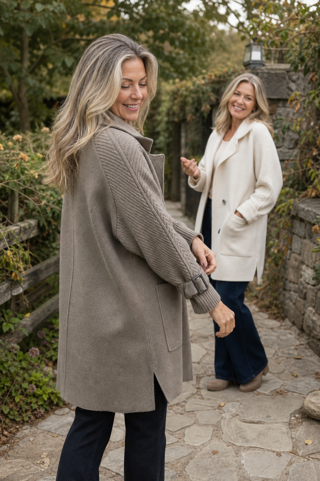 Celestine | Cable-Knit Sleeve Double-Breasted Longline Coat
