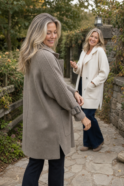 Celestine | Cable-Knit Sleeve Double-Breasted Longline Coat