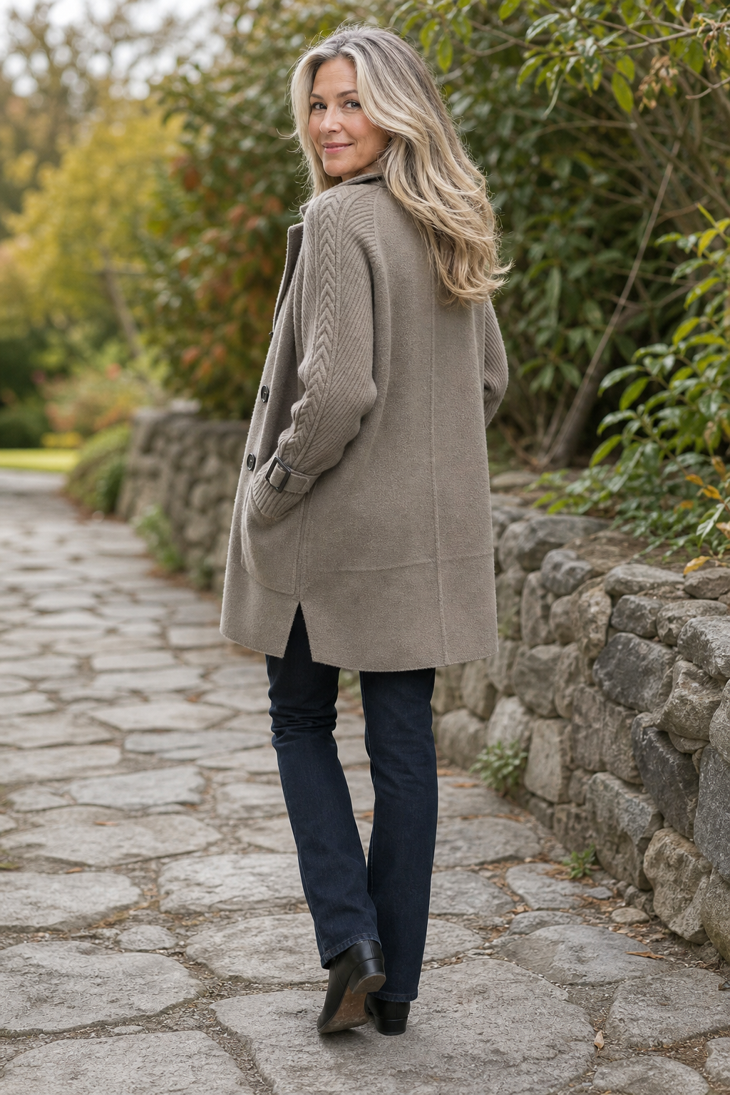 Celestine | Cable-Knit Sleeve Double-Breasted Longline Coat