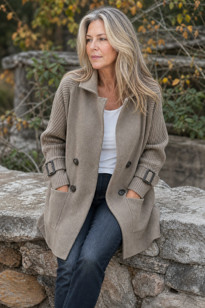 Celestine | Cable-Knit Sleeve Double-Breasted Longline Coat