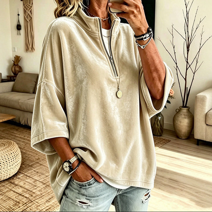 Ella | Half Zip Funnel Neck Velour Pullover