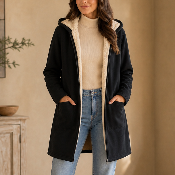 Rebecca | Faux Fleece Lined Hooded Mid Length Jacket
