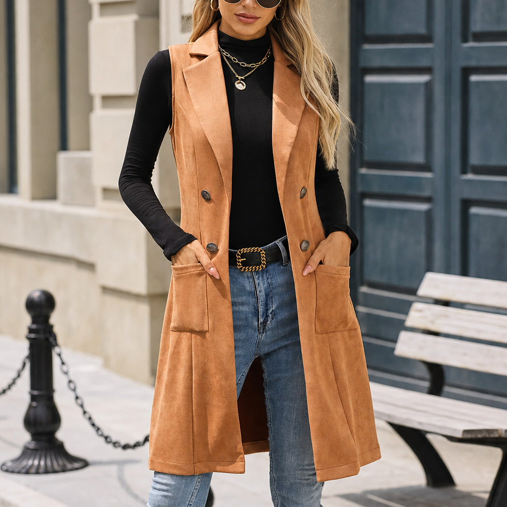 Grace | Long Double Breasted Faux Suede Vest