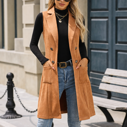 Grace | Long Double Breasted Faux Suede Vest
