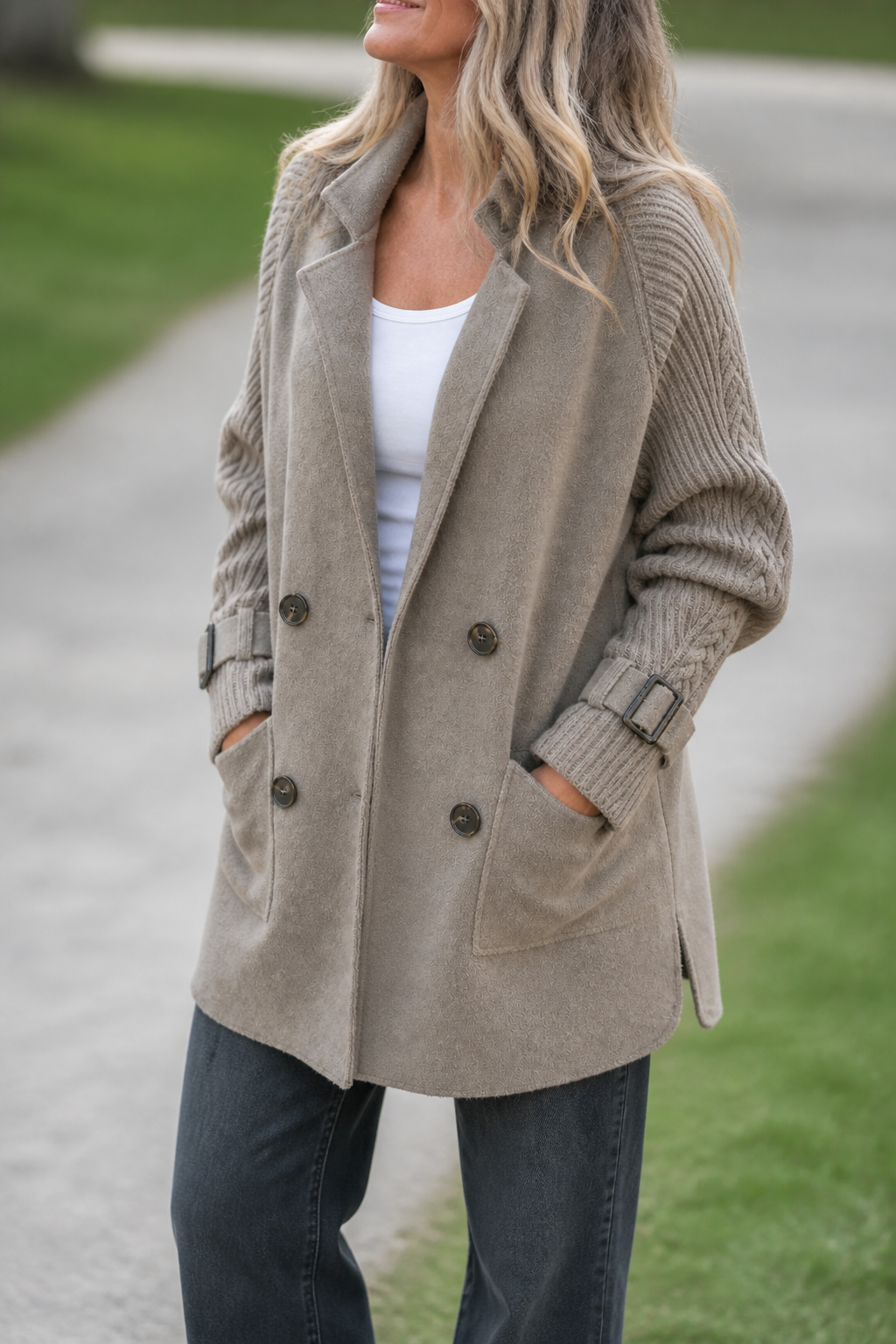 Celestine | Cable-Knit Sleeve Double-Breasted Longline Coat