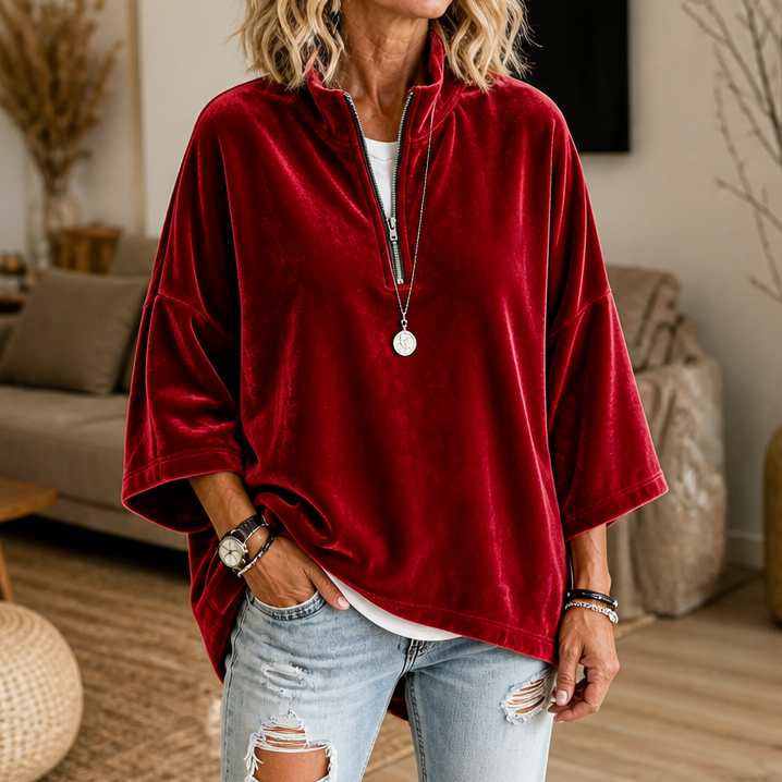 Ella | Half Zip Funnel Neck Velour Pullover
