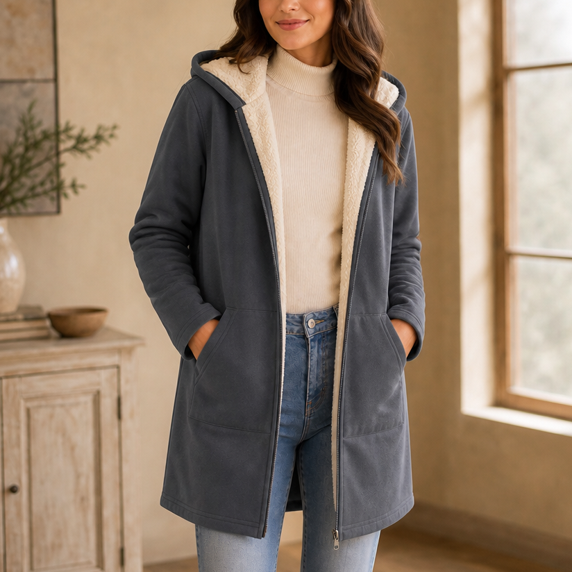 Rebecca | Faux Fleece Lined Hooded Mid Length Jacket