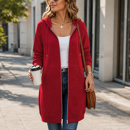 Jessica | Zip Front Hooded Mid Length Knit Cardigan