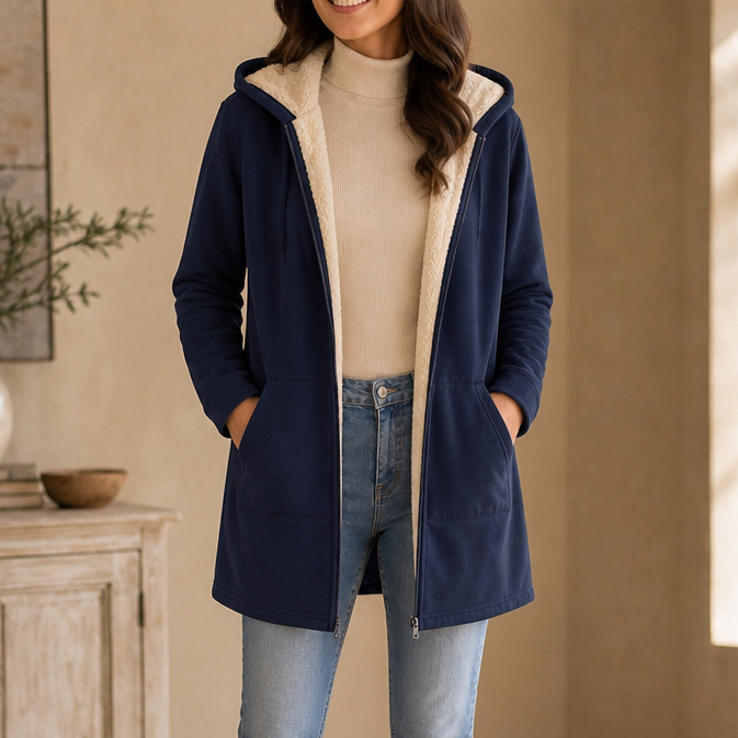 Rebecca | Faux Fleece Lined Hooded Mid Length Jacket