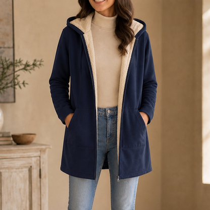 Rebecca | Faux Fleece Lined Hooded Mid Length Jacket