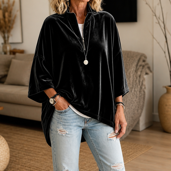 Ella | Half Zip Funnel Neck Velour Pullover