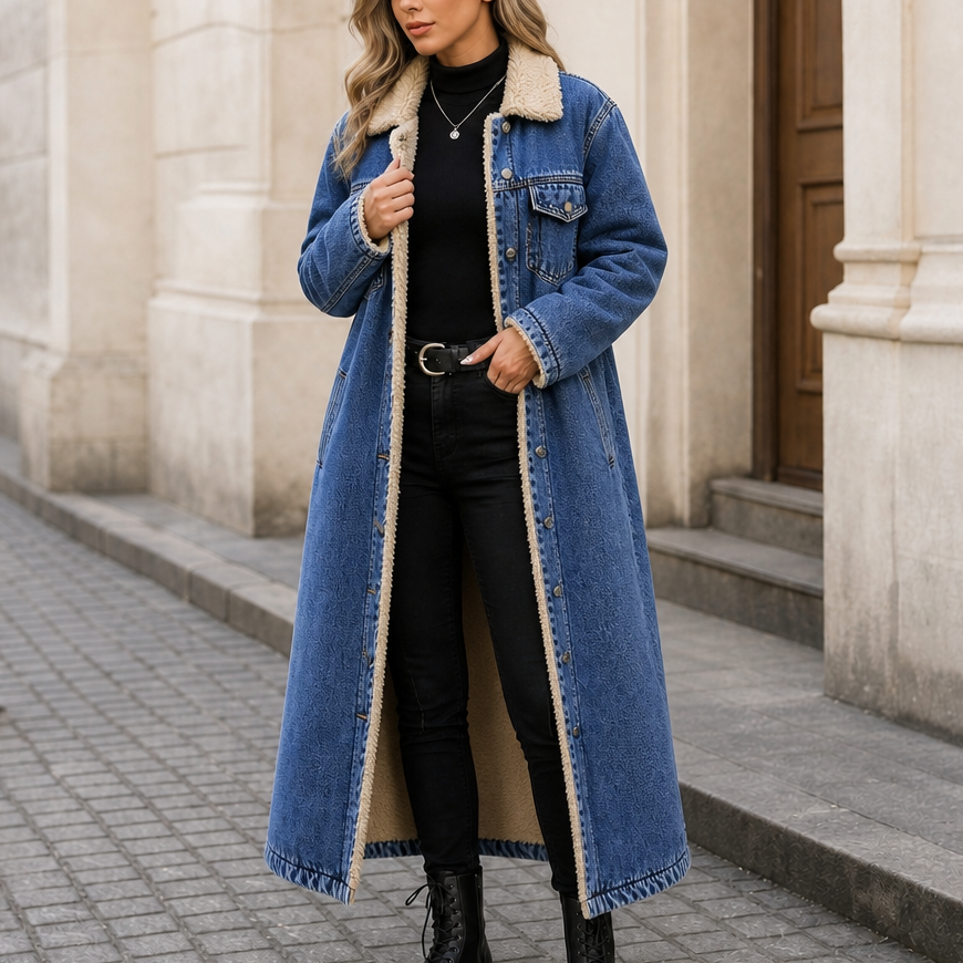 Amy | Sherpa Lined Full Length Denim Coat